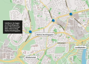 Karta som visar vilka korsningar längs Hjalmar Brantingsgatan som ska byggas om för säkrare cykelpassager.