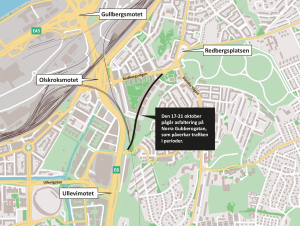 Karta som visar var Norra Gubberogatan ligger i förhållande till olika mot längs E6 och Redbergsplatsen.