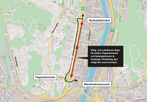 Karta över omledning för gång och cykeltrafiken längs E6 mellan Tingstadsmotet och Backadalsmotet 21/10-28/2 2023.
