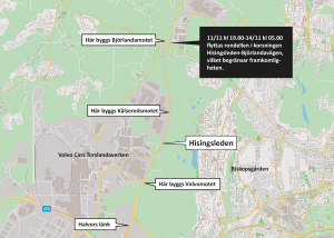 Karta som visar att Björlandamotet ligger i korsningen Hisingsleden-Björlandavägen.
