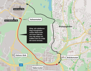 Karta som markerar ut att gång- och cykelbanan längs Hisingsleden mellan Vädermotet och Assar Gabrielssons väg stängs. Även omledningsvägen via Biskopsgården är utmarkerad.