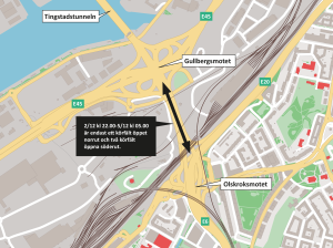 Karta som visar att körfält stängs på E6 mellan Olskroksmotet och Gullbergsmotet.