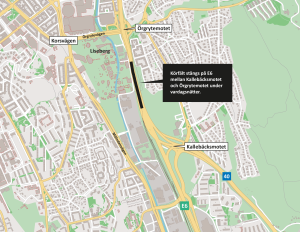 Karta som visar att körfält stängs på E6 mellan Örgrytemotet och Kallebäcksmotet vardagsnätter.