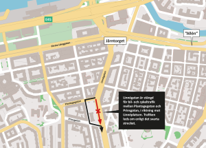 Karta som visar att Linnégatan är stängs mellan Plantagegatan och Prinsgatan, i riktning mot Linnéplatsen. Omledningsväg via Nordhemsgatan och Prinsgatan är utmarkerad.