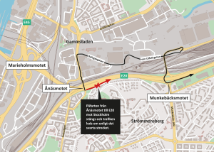 Karta som visar att påfarten från Ånäsmotet till E20 mot Stockholm stängs. Omledningsvägen via von Utfallsgatan är utmarkerad.