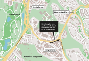 Karta som visar att gång- och cykelbanan stängs mellan Sahlgrenska huvudentrén och Ehrenströmsgatan.