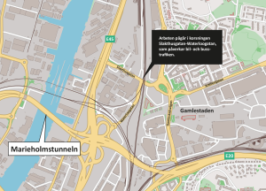 Karta som visar att arbeten pågår i korsningen Slakthusgatan-Waterloogatan