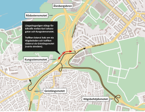 Karta som visar att Långedragsvägen stängs mellan Kungsstensmotet och Karl Johansgatan. Omledningsvägarna via Gnistängsmotet och Högsbohöjdsmotet är utmarkerade.