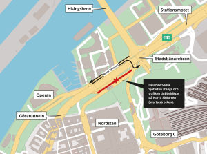 Karta som visar att delar av Södra Sjöfarten stängs och att trafiken dubbelriktas på Norra Sjöfarten.