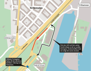 Karta som visar att Lundby Hamngata stängs av och att trafiken leds om på lokala gator