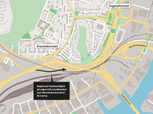 Karta som visar att det blir begränsningar från Lundbyleden mot Marieholmstunneln.