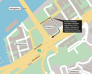 Karta som visar att trafiken leds om från Gullbergs Strandgata via Vikingsgatan till Norra SJöfarten. 