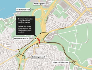 Karta som visar att bron över Västerleden i Kungsstensmotet stängs för biltrafik och omledningsvägarna via Gnistängsmotet och Högsbohöjdsmotet